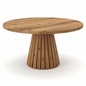 Wooden table with a round top and cylindrical base on a white background